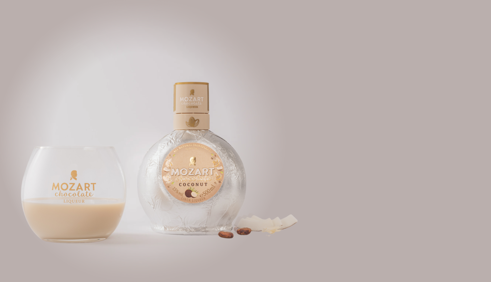 Mozart Coconut Chocolate with tumbler and ingredients