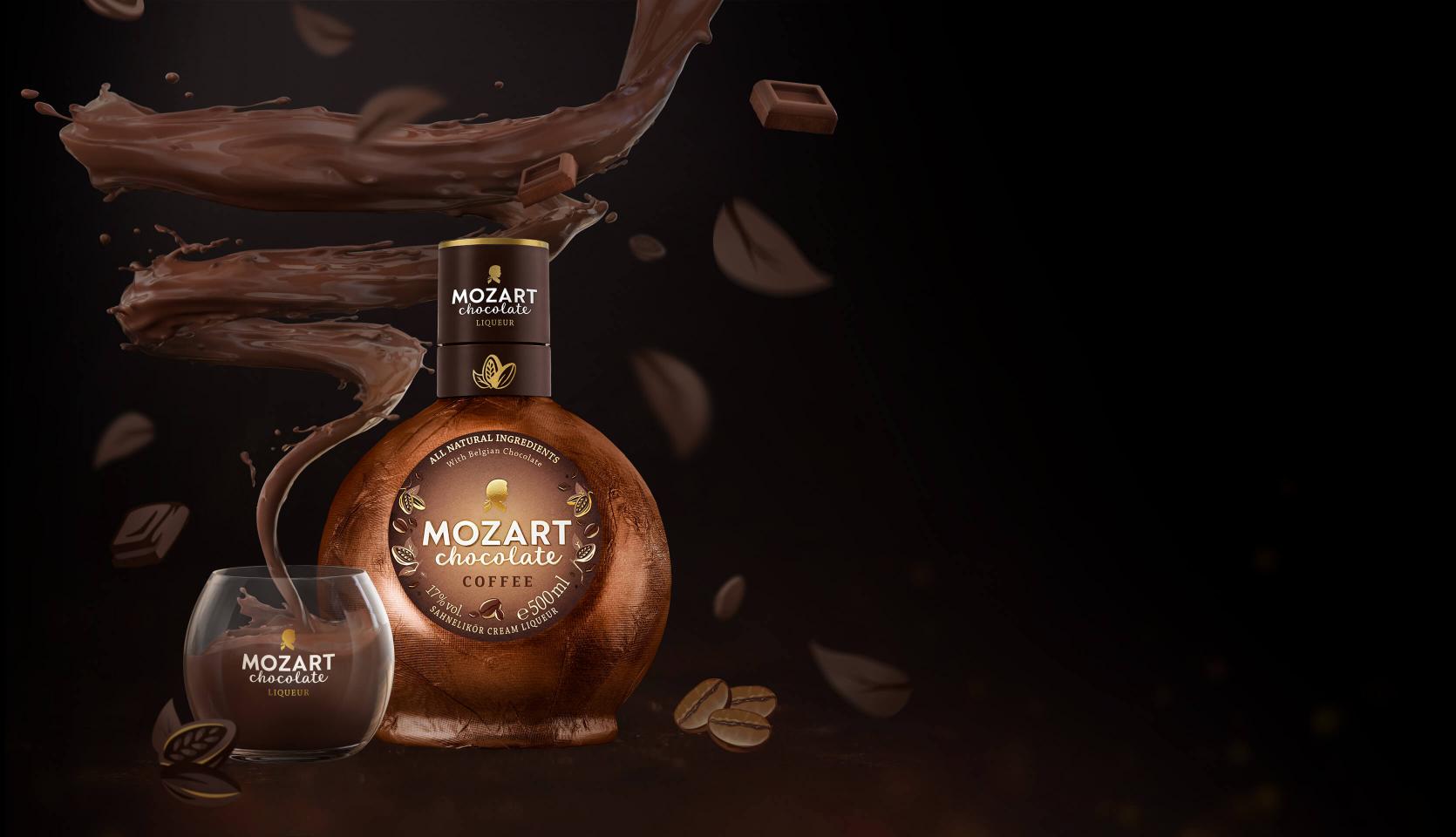 Mozart Chocolate Coffee with chocolate swirl and Mozart glass