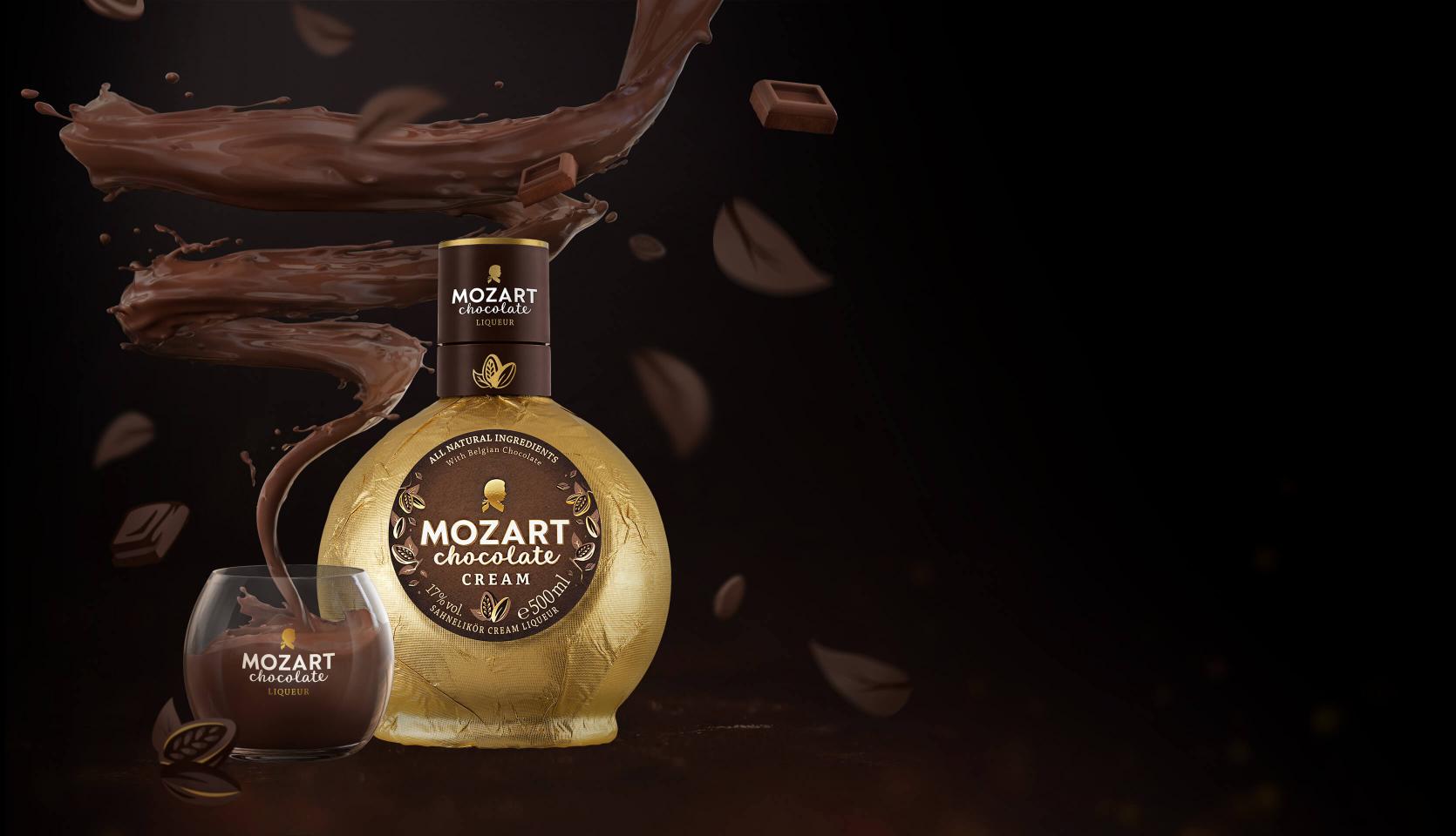 Mozart Chocolate Cream with chocolate swirl and Mozart glass