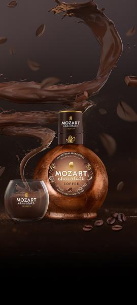 Mozart Chocolate Coffee with chocolate swirl and Mozart glass