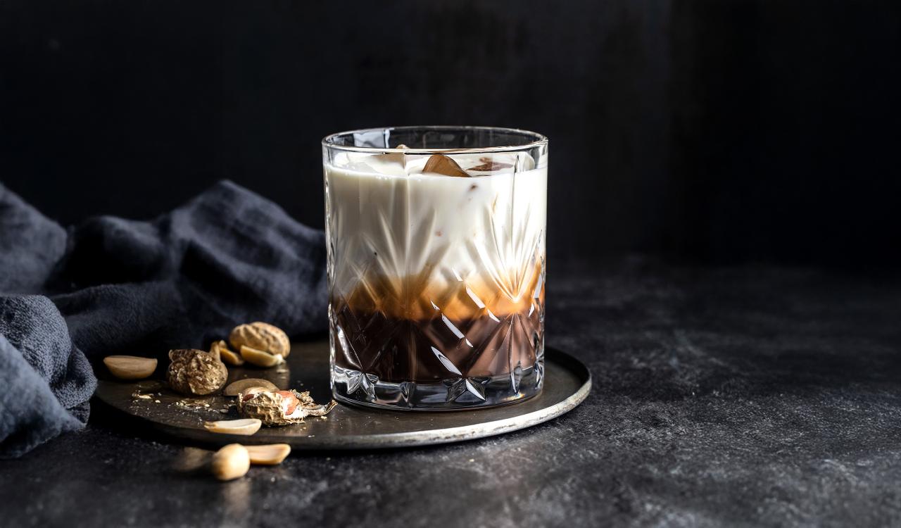 Glas mit geschichteter White-Russian-Cocktail auf dunklem Untergrund mit Nüssen und Stoffserviette